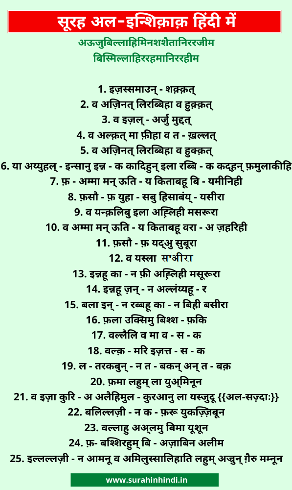surah inshiqaq in hindi text written on blue background