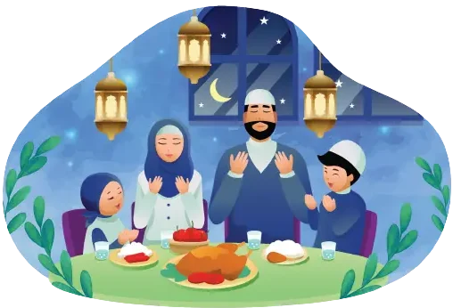 a family sittng in front of food table and doing prayer to allah