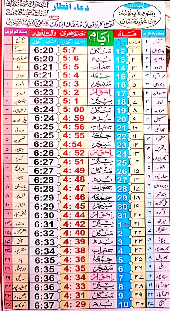 iftar and sehri timetable 2023